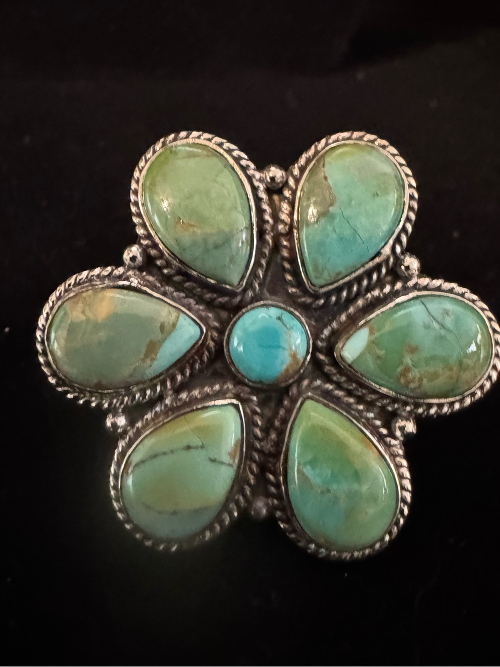 Turquoise Flower Sterling silver ring -Green Blue blue moon turquoise Teardrops
